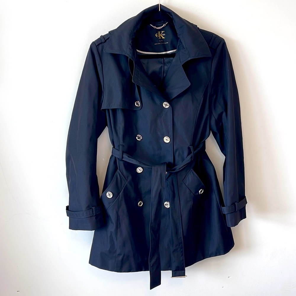 Calvin Klein black trenchcoat with a hood and pockets